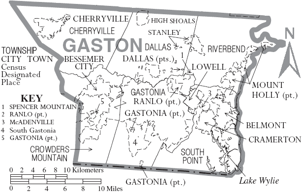 Archivo: Mapa del condado de Gaston en Carolina del Norte con etiquetas municipales y municipales.PNG