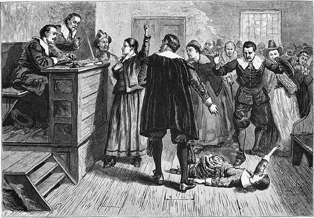 Brujería en Salem Village.  Grabado.  La figura central en esta ilustración de 1876 de la sala del tribunal generalmente se identifica como Mary Walcott.