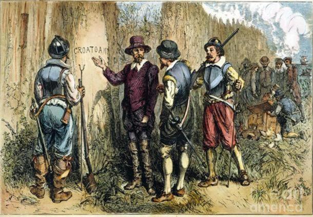Pintura del inglés John White.  La expedición de Sir Walter Raleghi en 1590 a la isla de Roanoke para encontrar la Colonia Perdida descubrió 'Croatoan' tallado en un árbol.  Esto puede ser en referencia a la isla o al pueblo de Croatan.