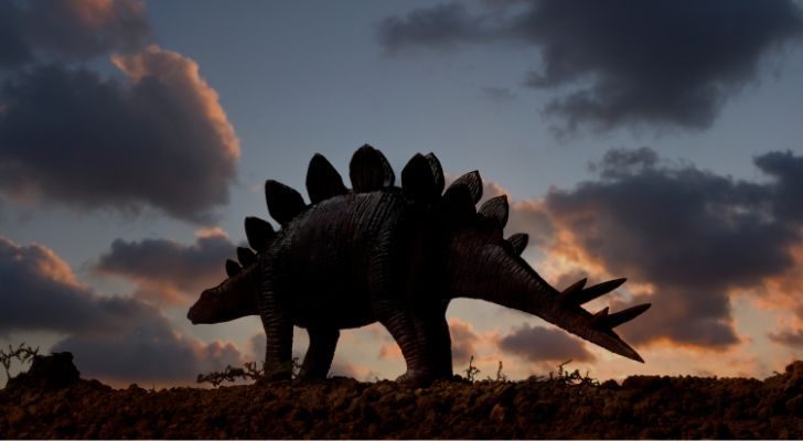 El dinosaurio estegosaurio durante la puesta de sol